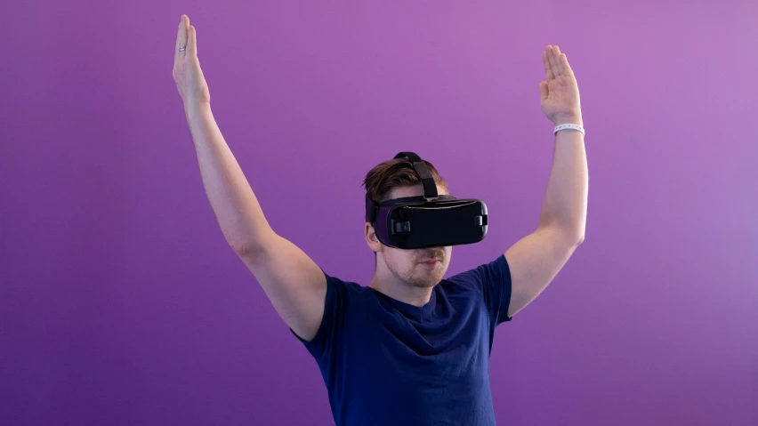 a woman wearing a virtual reality headset in front of a purple background, pexels, indistinct man with his hand up, hero pose, rectangle, fbx