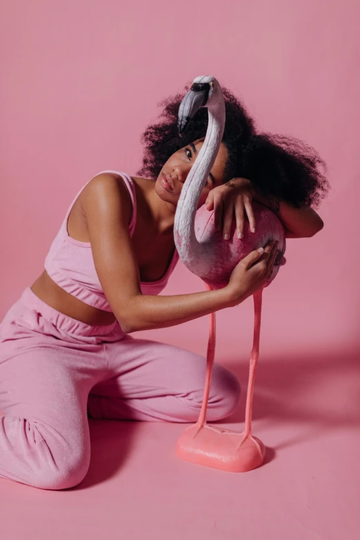 a woman sitting on the ground holding a flamingo, by Dulah Marie Evans, wearing a track suit, pink studio lighting, with afro, swans