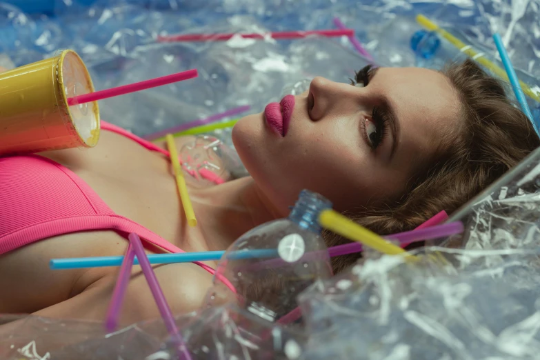 a woman in a pink bikini laying in a pool filled with plastic straws, inspired by David LaChapelle, pexels contest winner, film still of emma watson, lipstick, olya bossak, cara delevingne