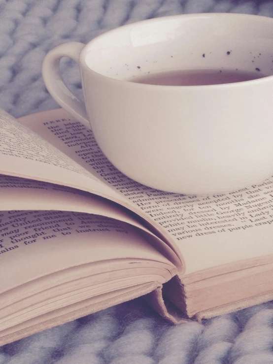 a cup of tea sitting on top of an open book, grey, promo image, multiple stories, grainy