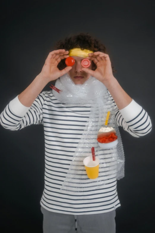 a man is covering his eyes with a scarf, inspired by François Bocion, plasticien, cold drinks, glass bubble helmet, tiny people devouring food, the streamer