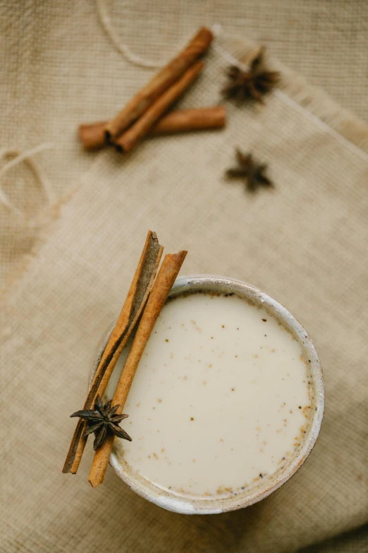 a cup of coffee with cinnamon and star anise, a portrait, trending on pexels, renaissance, milk bath photography, thumbnail, beige mist, full frame image