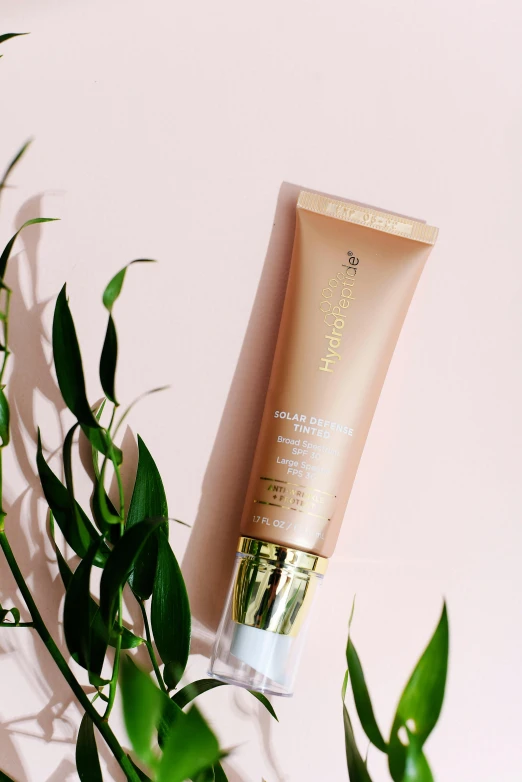 a bottle of body lotion next to a plant, by Maggie Hamilton, happening, beige and gold tones, solar, neck zoomed in, product image