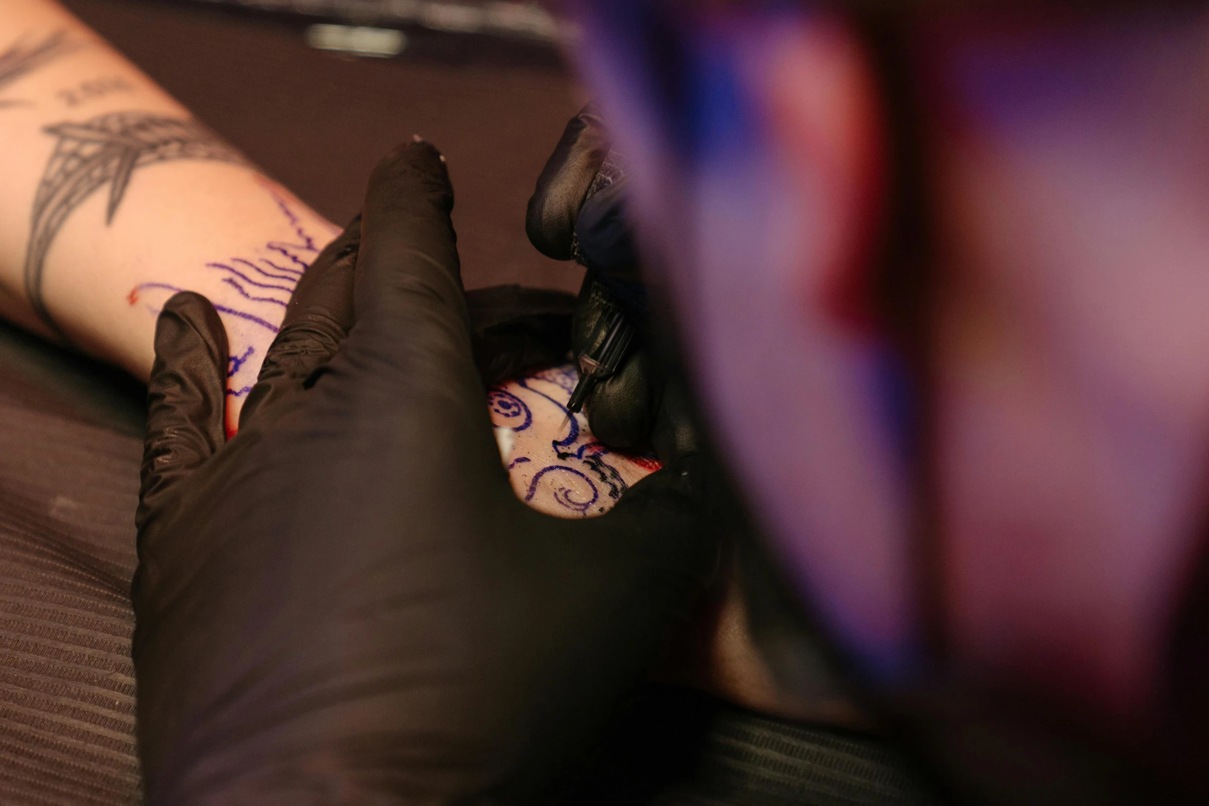 a person getting a tattoo on their arm, pexels contest winner, process art, close up to the screen, ground level shot, neon ink, ilustration