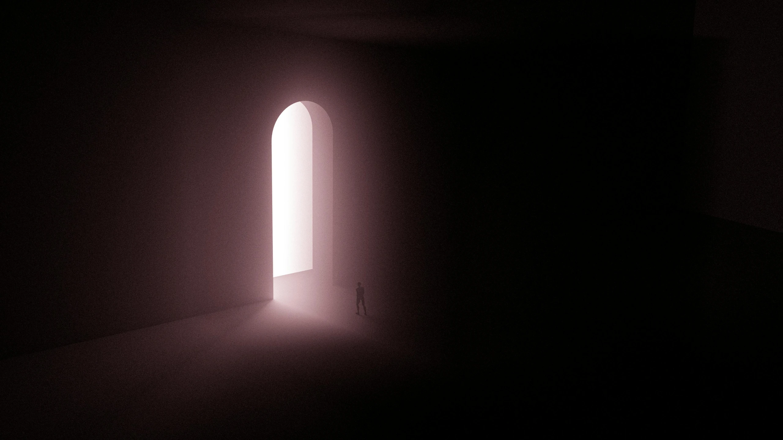 a person standing in front of a window in a dark room, an ambient occlusion render, inspired by Michal Karcz, light and space, pink arches, entrance to a dark tunnel, james turrell, monochrome 3 d model