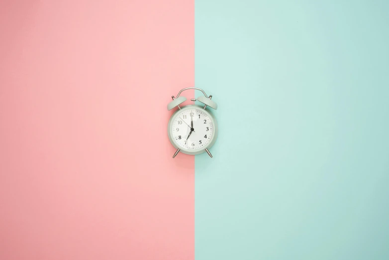 an alarm clock sitting on top of a pink and blue wall, trending on unsplash, postminimalism, teal silver red, two colors, on a pale background, time traveler