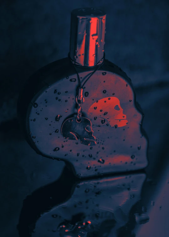 a bottle of perfume sitting on top of a table, an album cover, inspired by Elsa Bleda, trending on pexels, conceptual art, half skull half face, blood droplets, detailed silhouette, metal ears