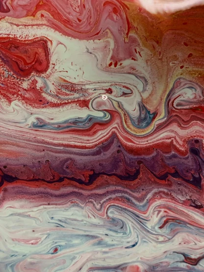 a close up of a red and white marble slab, a painting, inspired by Yanjun Cheng, trending on unsplash, iridescent. fantasy, lsd waves, fluids, looking towards camera