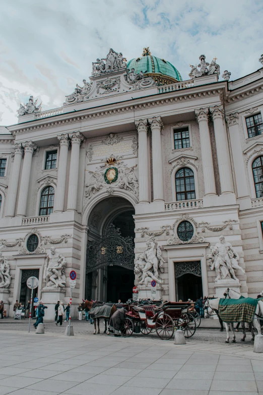 a horse drawn carriage in front of a large building, inspired by Mihály Munkácsy, rococo, huge gate, while marble, delightful surroundings, curvy build