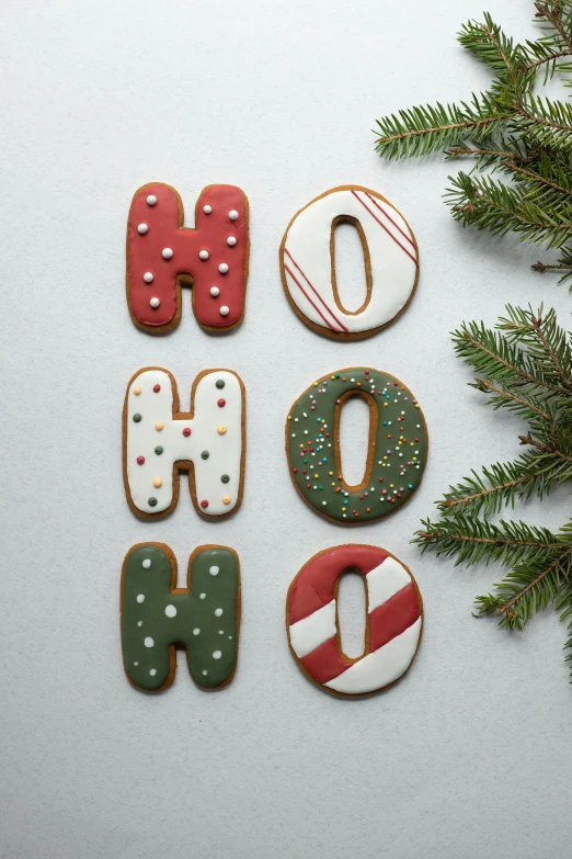 a group of decorated cookies sitting on top of a table, letters, hi - res, organic ornament, full product shot