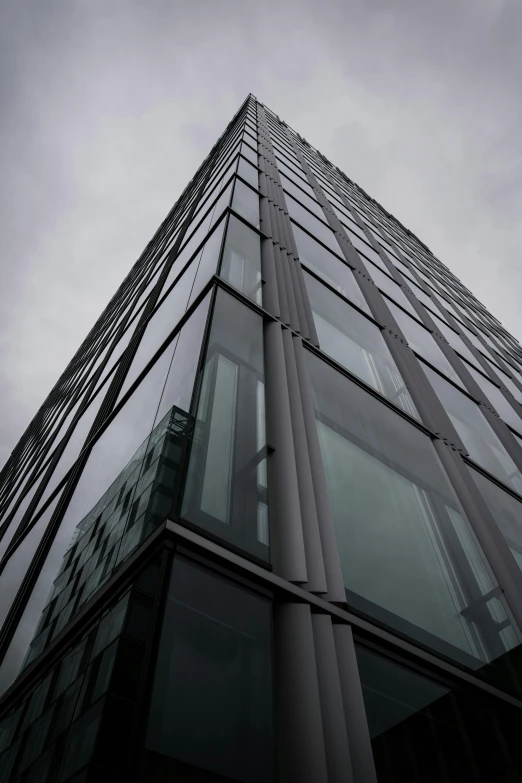 a tall glass building on a cloudy day, by Dave Allsop, unsplash, iron cladding, very high details, dark and modern, front profile