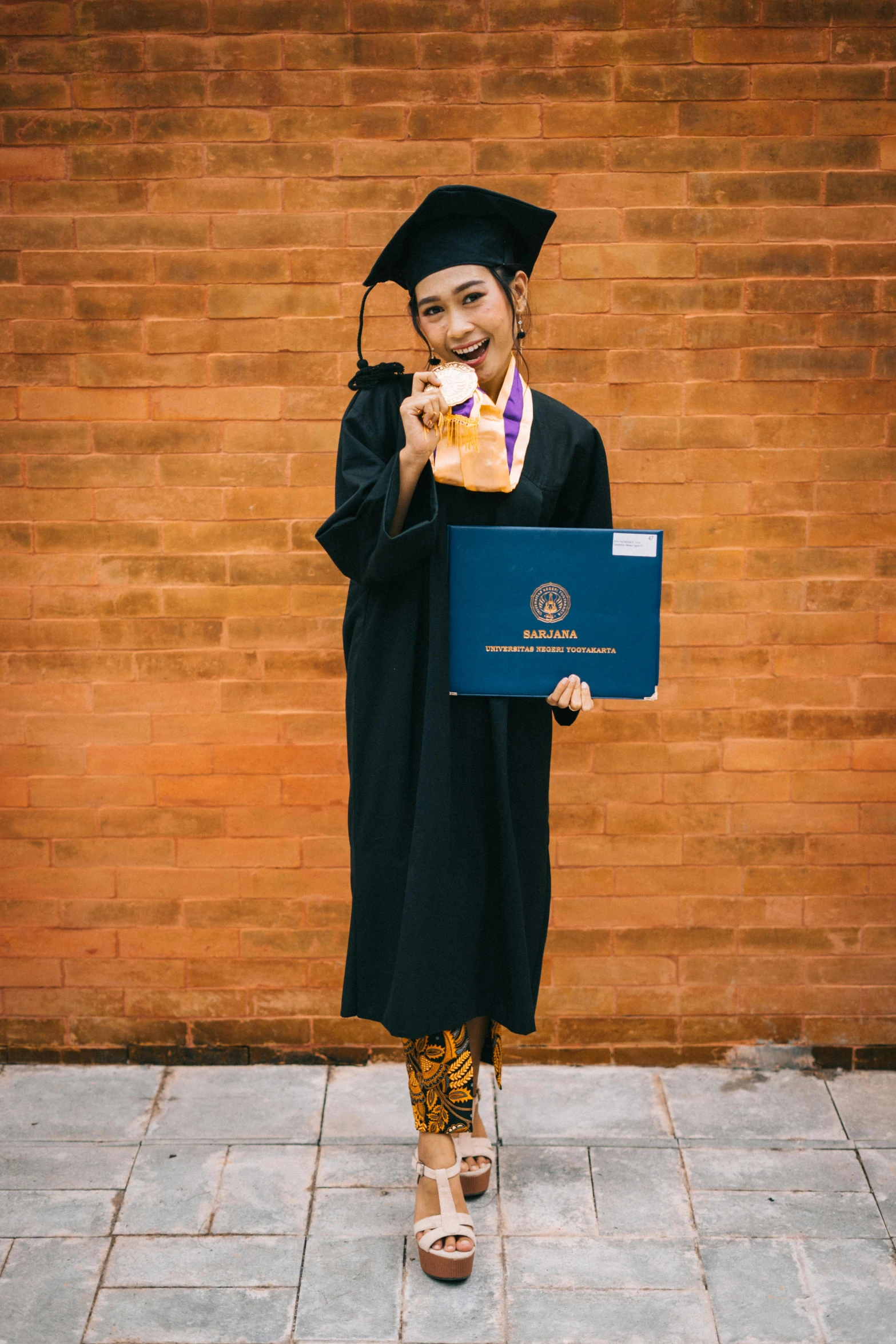 a woman in a graduation gown holding a teddy bear, a picture, pexels contest winner, academic art, full body potrait holding bottle, joy ang, holding a baguette, rectangle