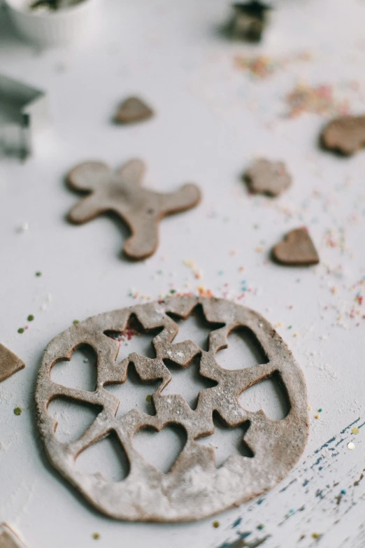 a close up of some cookies on a table, by Ivana Kobilca, unsplash, folk art, fossil ornaments, light scatter, cut out, raku