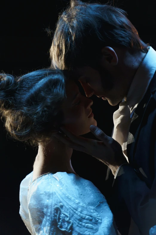 a man and a woman standing next to each other, a portrait, inspired by Ivan Kramskoi, production photo, making out, header, ( ( theatrical ) )