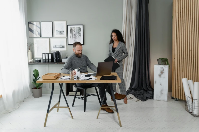 a man and a woman sitting at a desk with a laptop, pexels contest winner, private press, standing elegantly, 9 9 designs, furniture around, extra high resolution