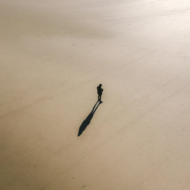 a person standing on top of a sandy beach, inspired by Quint Buchholz, unsplash contest winner, postminimalism, long cast shadows, drone photograpghy, black silhouette, a high angle shot