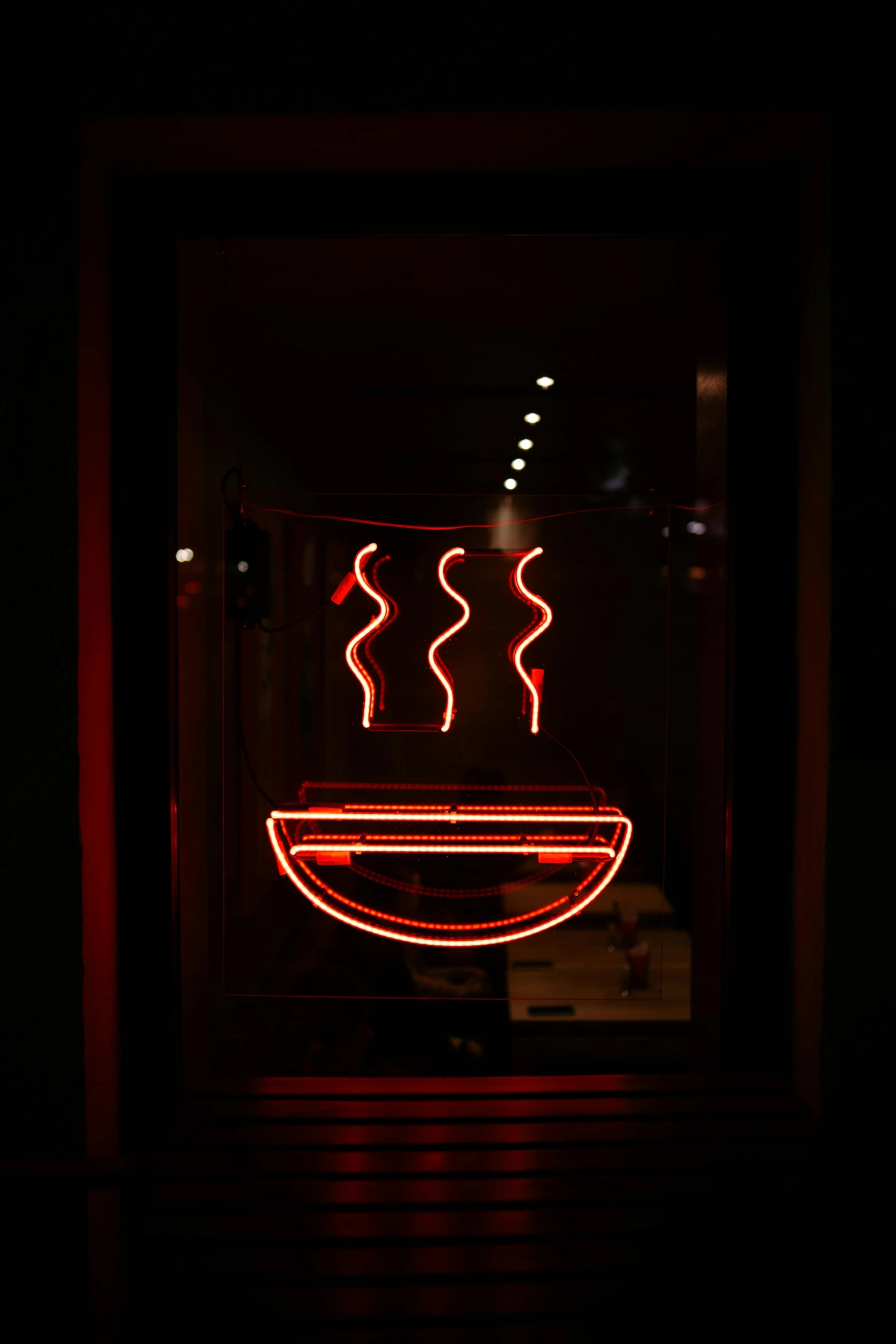 a cup of coffee is lit up in the dark, a hologram, by Doug Ohlson, trending on unsplash, graffiti, with red haze and a massive grin, window lights, spaghetti mustache, symmetrical neon rim light
