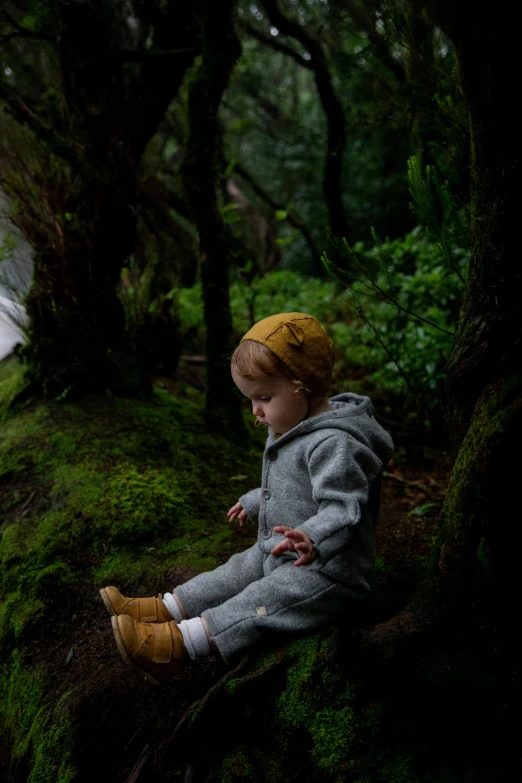 a small child sitting on a moss covered rock, manuka, wearing a grey hooded sweatshirt, lush forest, ::