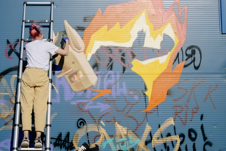 a man on a ladder painting graffiti on the side of a building, graffiti art, pexels, graffiti, depicting a corgi made of fire, flat colour, thumbnail, filmstill