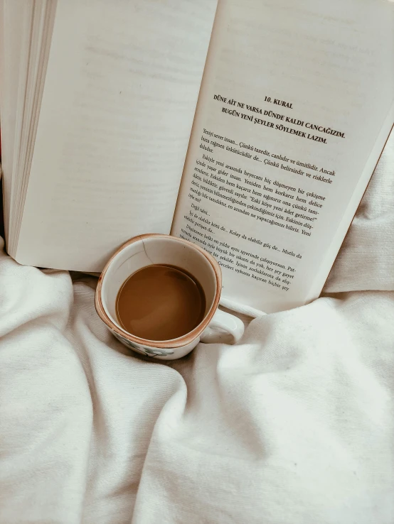 an open book sitting on top of a bed next to a cup of coffee, by Matija Jama, pexels contest winner, happening, promo image, lying in bed!!!! blanket, plain background, instagram story