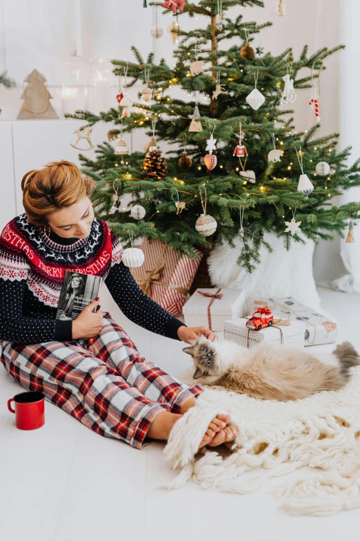 a woman petting a cat in front of a christmas tree, sleepwear, scandinavian style, trending on, profile image