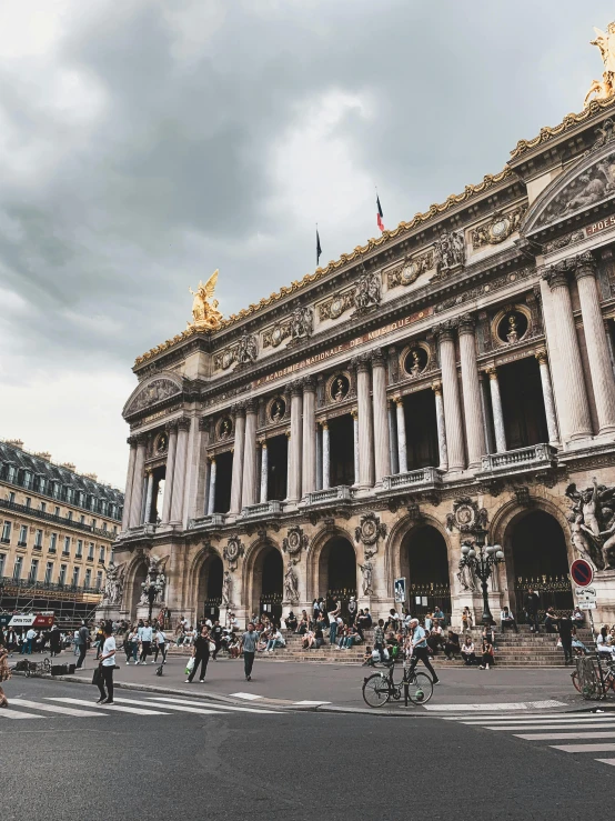 a group of people crossing a street in front of a building, by Nina Hamnett, pexels contest winner, neoclassicism, ornate french architecture, 2 5 6 x 2 5 6 pixels, musee d'orsay 8 k, gif