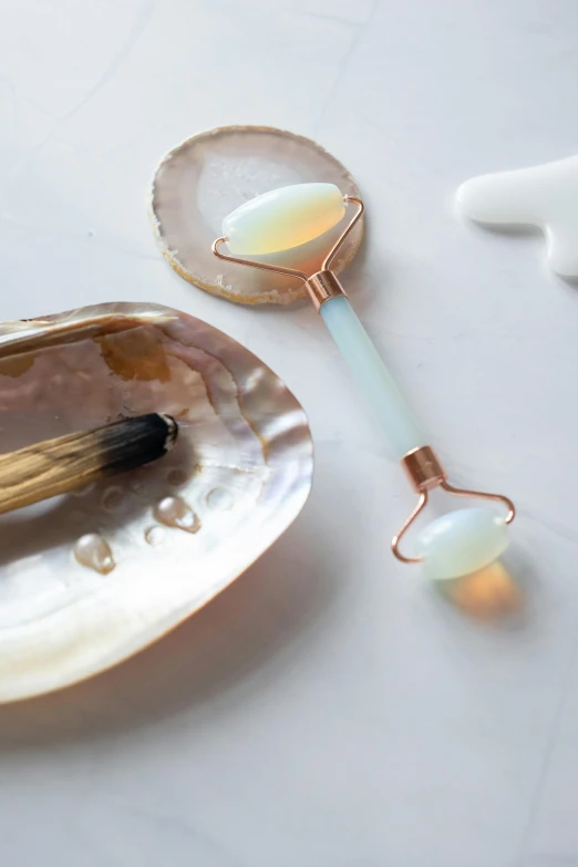 a couple of spoons sitting on top of a shell, skincare, opalescent mist, copper elements, tool