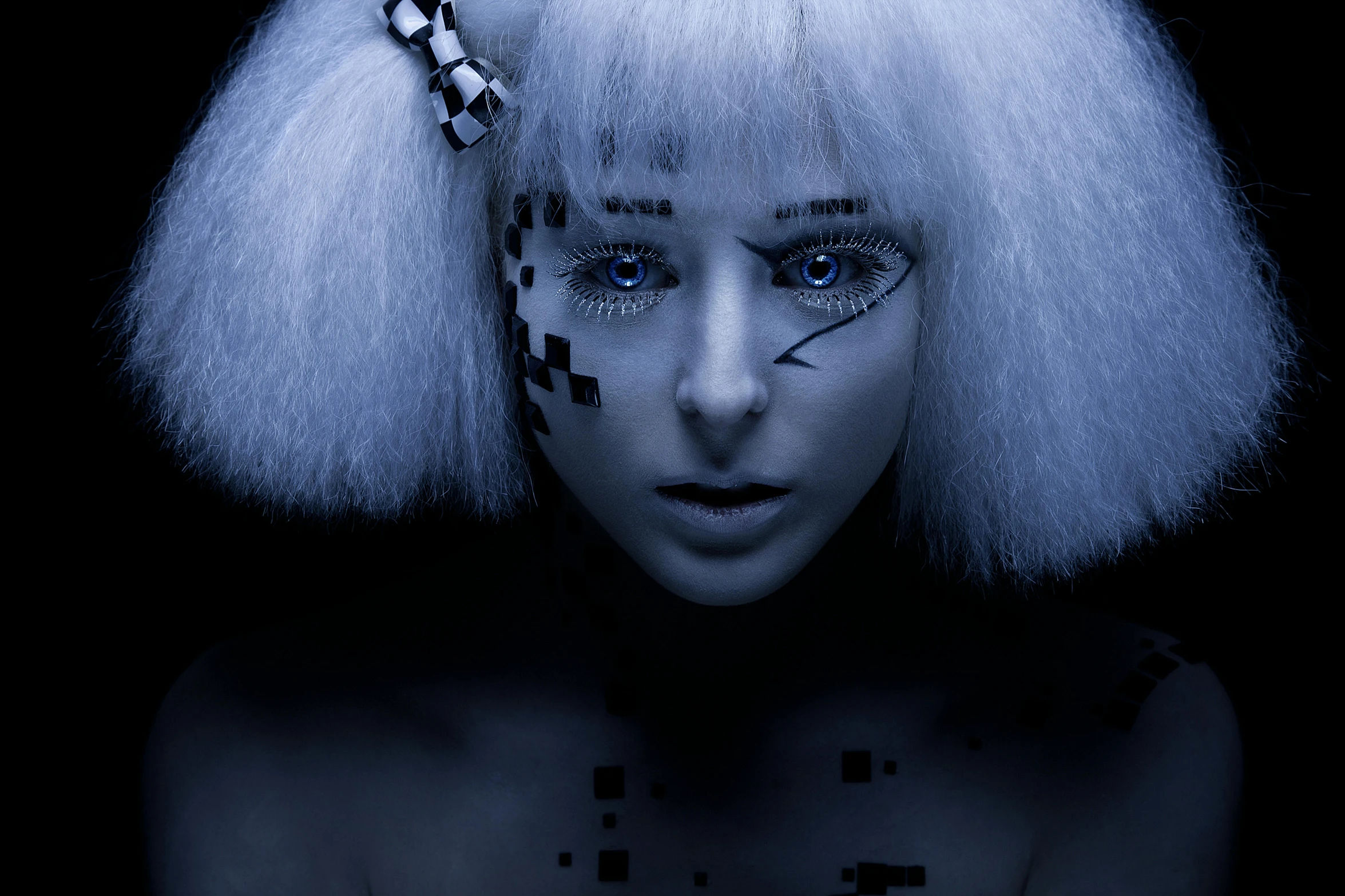 a close up of a person with white hair, cyberpunk art, inspired by Cindy Sherman, pop surrealism, infared photography, little girl with blue hair, photography of albert watson, woman and robot