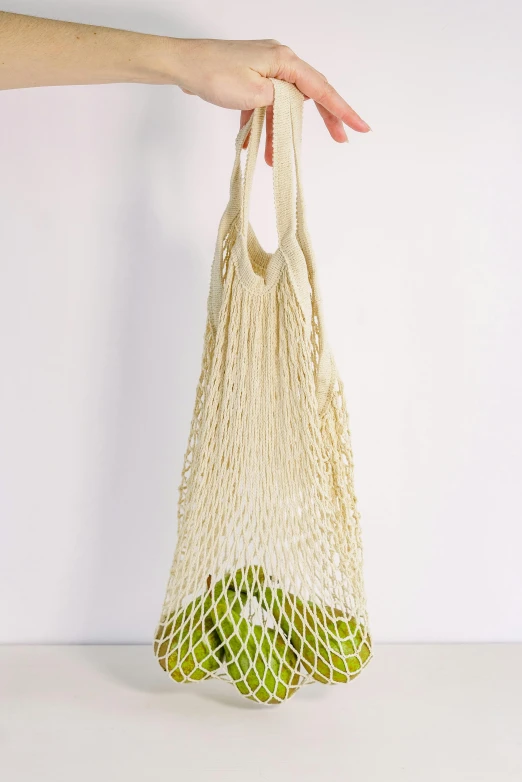 a person holding a string bag filled with green apples, net art, crisp smooth clean lines, promo image, hemp, datura