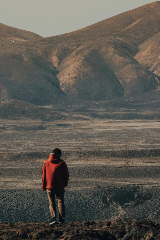 a man standing on top of a rocky hill, trending on unsplash, romanticism, mars in distance, wearing red jacket, walking away, chile