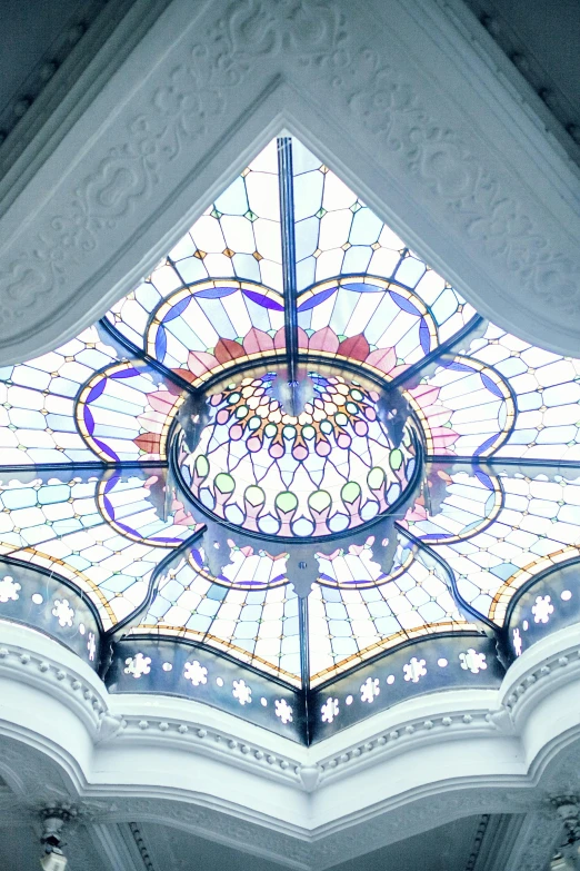 a large stained glass dome in a building, inspired by Mihály Munkácsy, art nouveau, white ceiling, moroccan, ornate crown, fluorescent