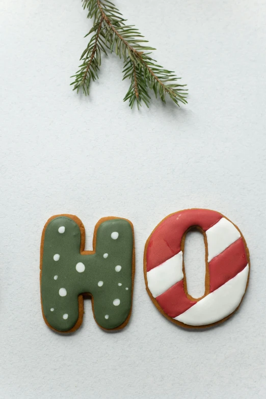 a couple of cookies sitting on top of a table, a picture, inspired by Rudolph F. Ingerle, pexels, graffiti, uppercase letter, h0, evergreen, hero shot