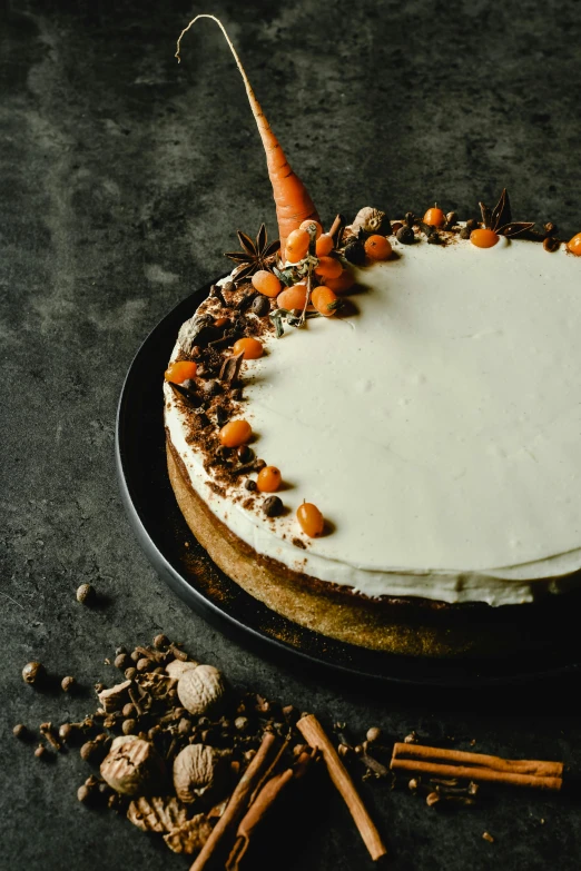 a carrot cake sitting on top of a black plate, deluxe, f / 2 0, bakery, thumbnail