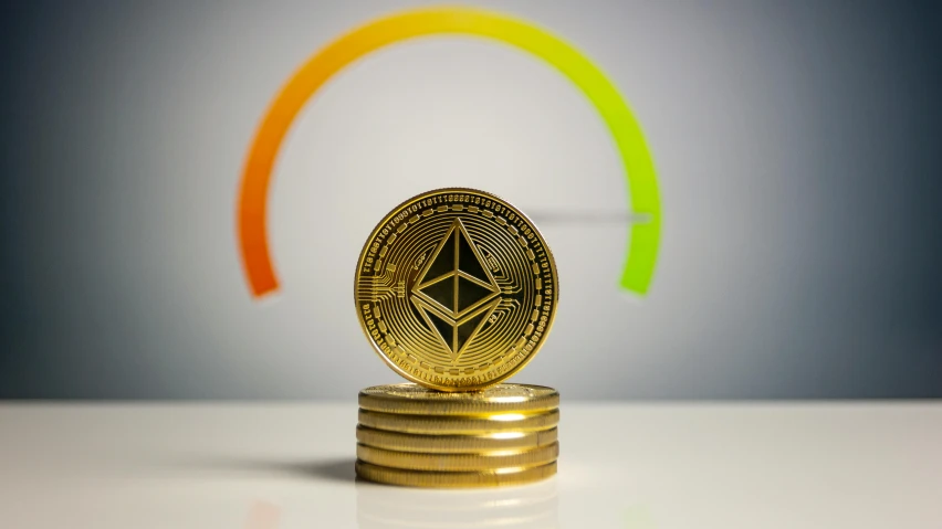 a stack of coins sitting on top of each other, a digital rendering, by Kristian Zahrtmann, shutterstock, incoherents, 3 d of the ethereum symbol, 🚀🌈🤩, turnaround, from valve