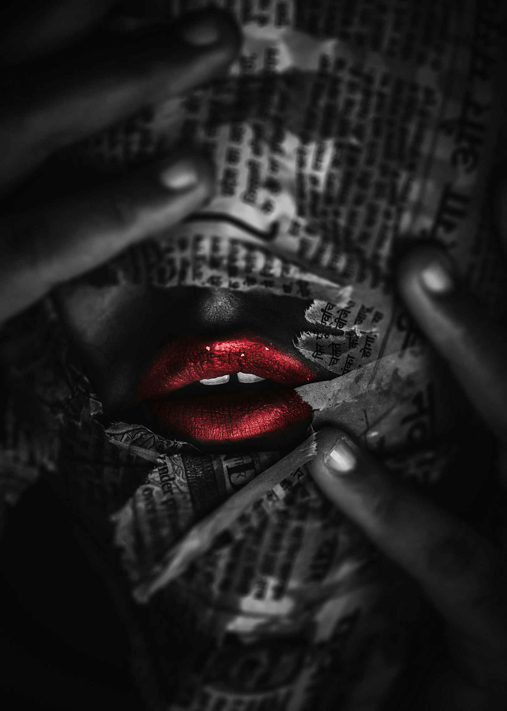 a close up of a person's hand holding a red lipstick, an album cover, pexels contest winner, art photography, scary and dark, newspaper photography, kiss, noir effect