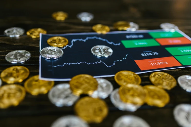 a bunch of coins sitting on top of a table, a digital rendering, trending on unsplash, analytical art, waveforms on top of square chart, 15081959 21121991 01012000 4k, realistic », binary