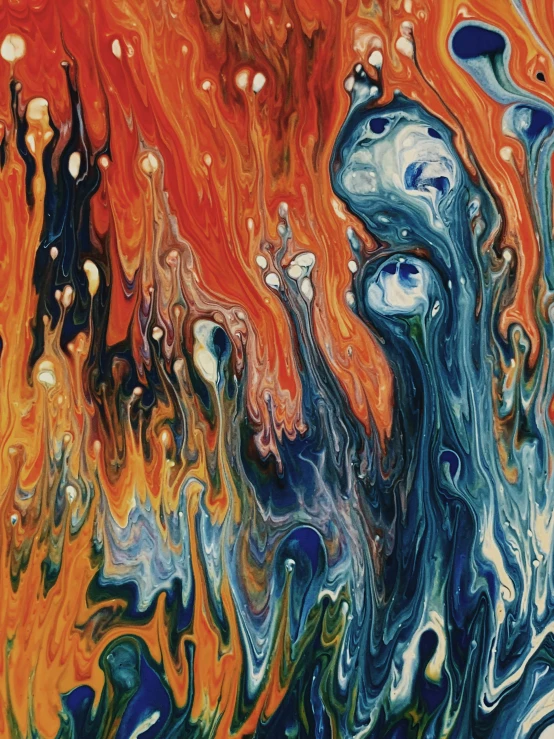 an abstract painting with orange and blue colors, inspired by József Breznay, trending on pexels, made of liquid, flaming, album art, oil on canvas (1921)”