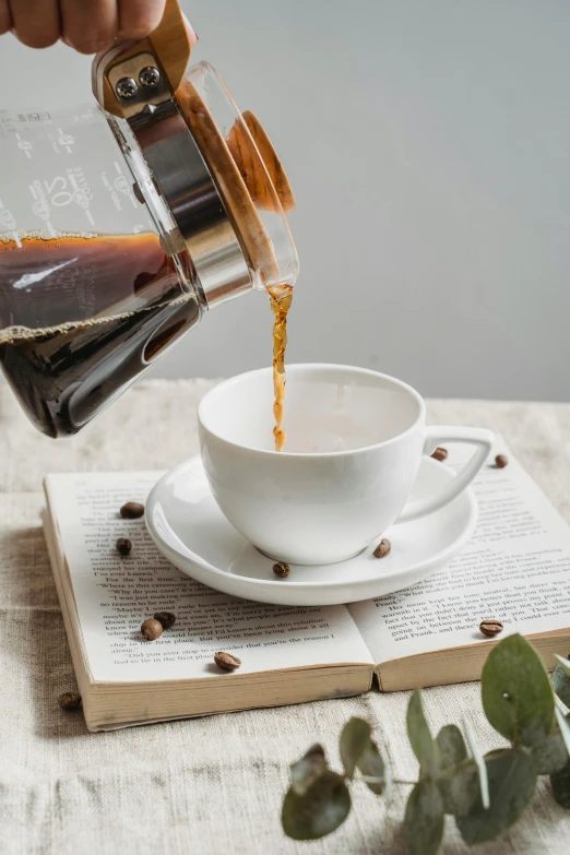 a person pouring coffee into a cup, by Julia Pishtar, open book page, thumbnail, white, 8l