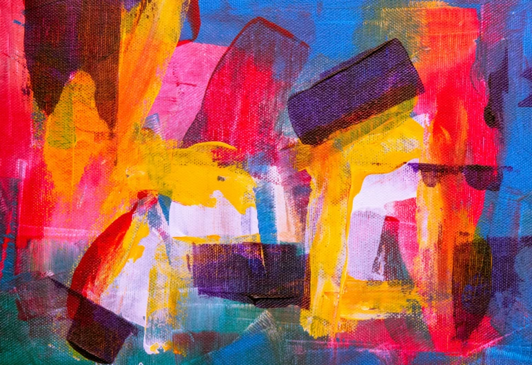 a painting with red, yellow, and blue colors, pexels contest winner, abstract art, 144x144 canvas, abstract blocks, having a great time, turquoise pink and yellow