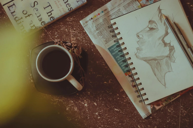 a cup of coffee sitting on top of a table, a drawing, pexels contest winner, academic art, face sketch, magazine photo, ilustration