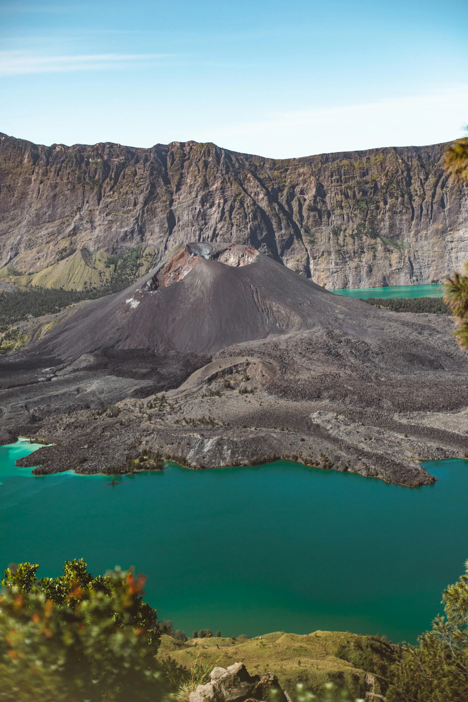 a mountain with a lake in the middle of it, sumatraism, looking down at a massive crater, turqouise, square, van