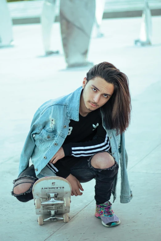 a woman kneeling next to a skateboard on a sidewalk, an album cover, inspired by Luca Zontini, pexels contest winner, antipodeans, beautiful young man, avan jogia angel, headshot profile picture, artem chebokha