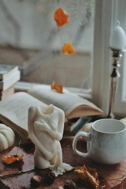 an open book sitting on top of a table next to a cup of coffee, a still life, pexels contest winner, romanticism, white carved abstract sculpture, muted fall colors, medium gargoyle soft light, promo image