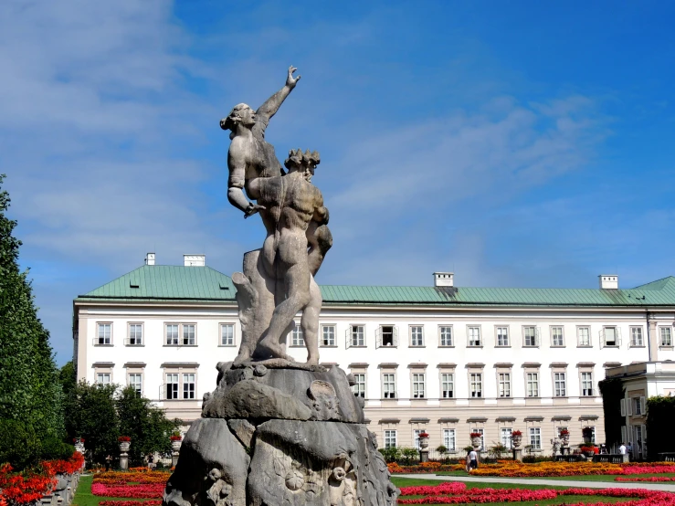 a statue on top of a rock in front of a building, a statue, inspired by Mihály Munkácsy, square, thumbnail, featuring marble fountains, palace dance