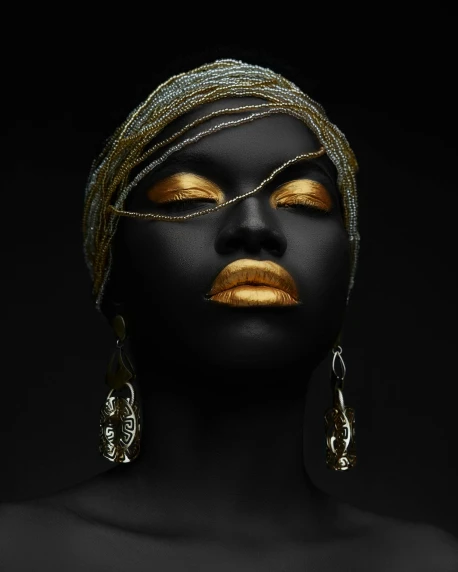 a woman with gold paint on her face, an album cover, inspired by Hedi Xandt, pexels contest winner, afrofuturism, black jewellery, kris kuksi, panel of black, trending on 500px