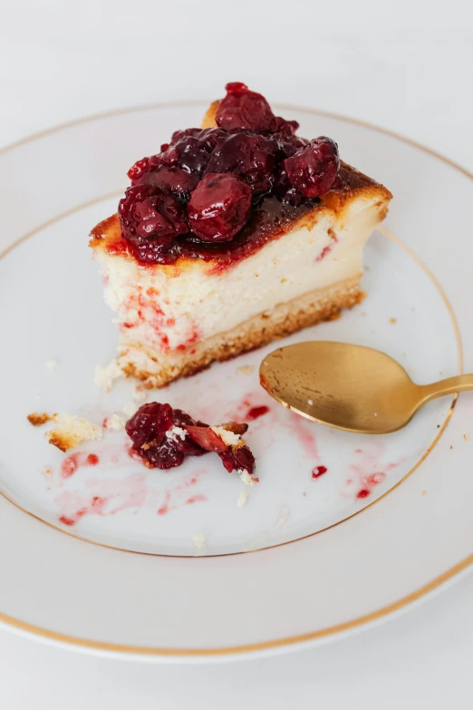 a piece of cheesecake on a plate with a spoon, inspired by Richmond Barthé, cherries, deluxe, thumbnail, alternate angle