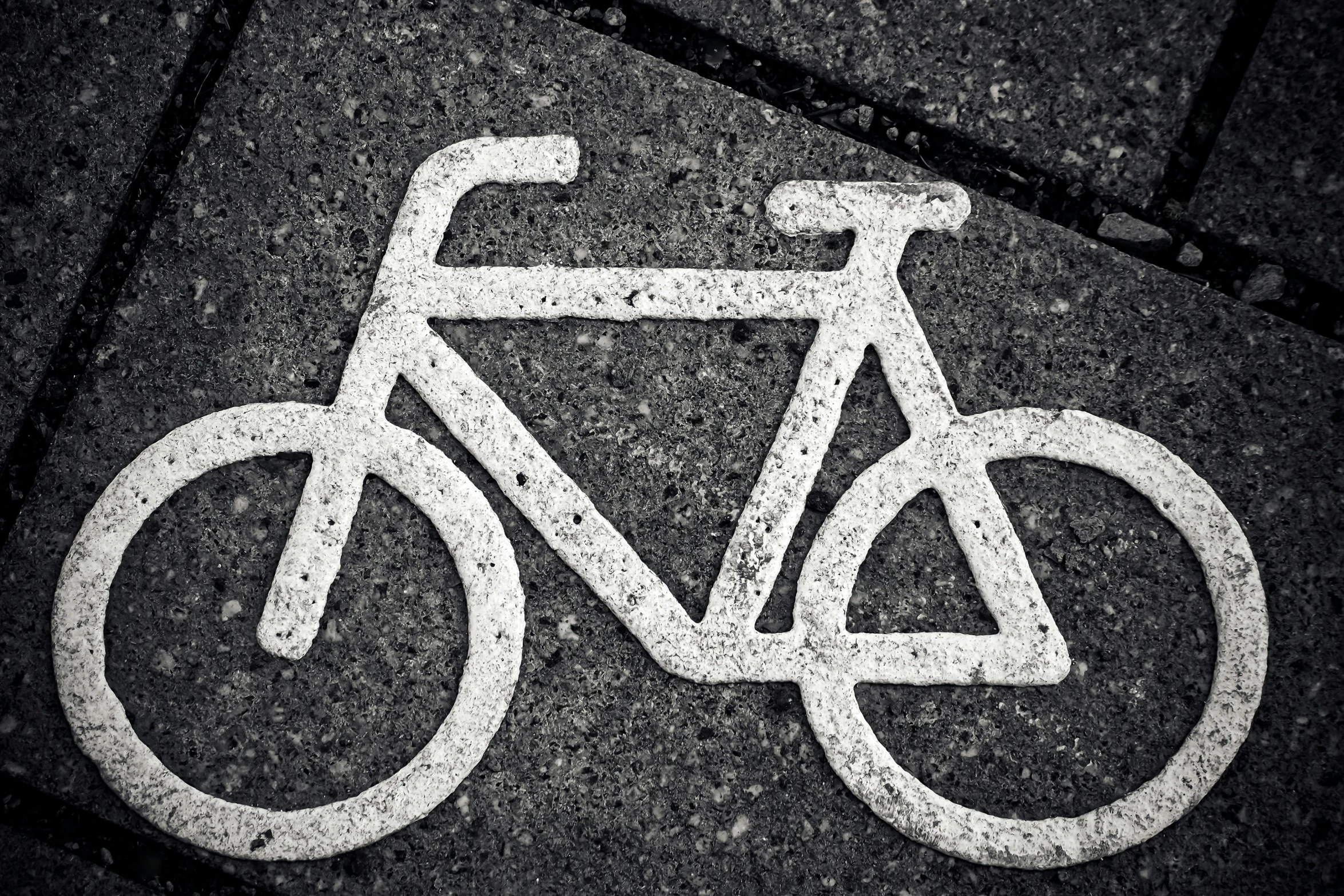 a white bicycle sign sitting on the side of a road, a picture, by Daniel Gelon, concrete art, pictogram, detailed details, monochromatic photo, plastic