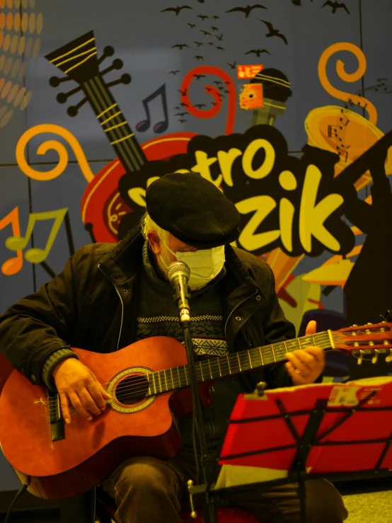 a man that is sitting down with a guitar, inspired by Girolamo Muziano, reddit, bar tosz domiczek, old man doing with mask, profile image, jakarta