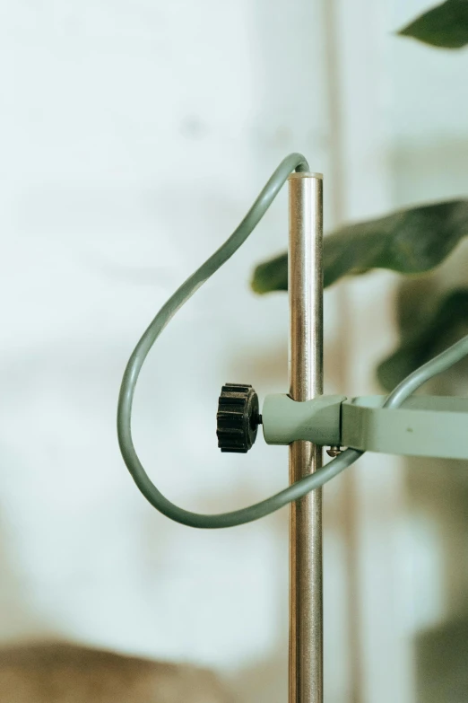 a close up of a metal pole with a plant in the background, a picture, by Adam Marczyński, kinetic art, surgical iv bag, wiring, product design shot, vintage inspired