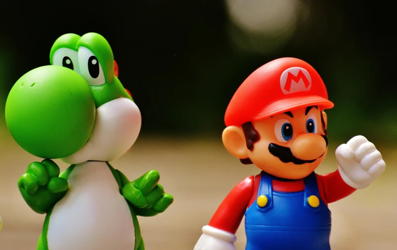 a close up of two figurines of mario and luigi, a cartoon, inspired by Mario Comensoli, pexels contest winner, 2 5 6 x 2 5 6 pixels, toad, snapchat photo, heroic